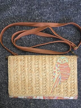 Sakroots Woven Straw Crossbody Bag with Colorful Owl Embroidery
